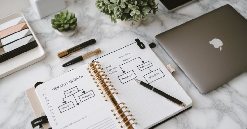 Minimalist workspace with a growth mindset flowchart and iterative development plan.