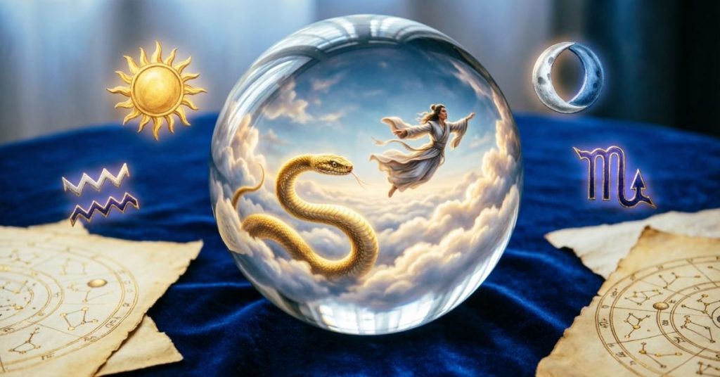 A mystical crystal ball showing a flying person and snakes, illustrating the astrological meaning of dreams and symbols.