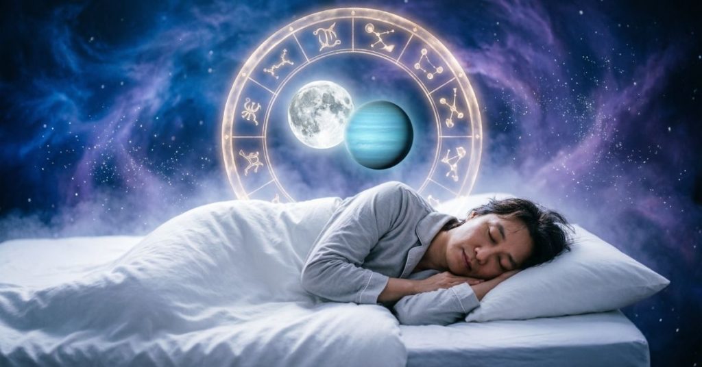 A person sleeping in a cosmic nebula with a glowing zodiac wheel representing the astrological meaning of dreams.