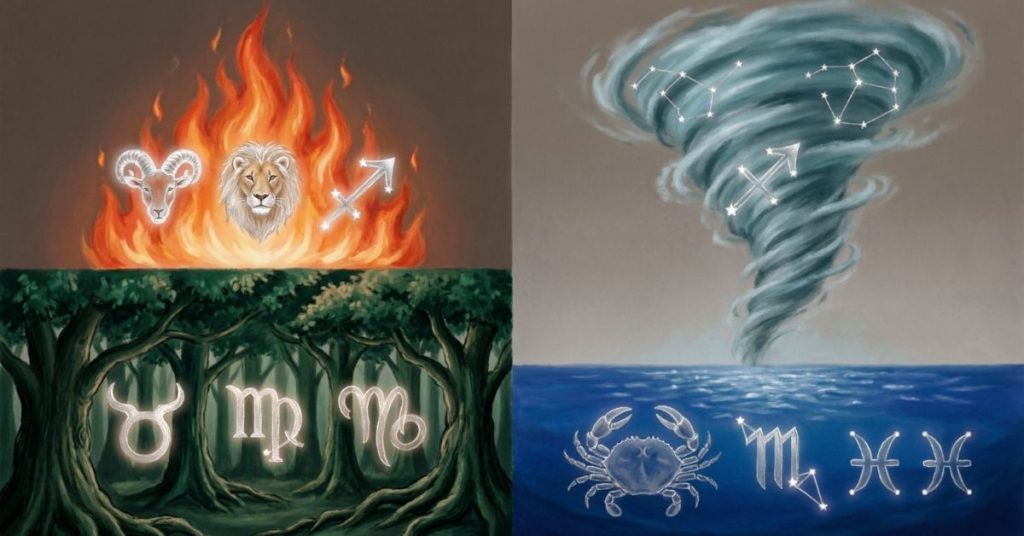 Four elements of the zodiac Fire, Earth, Air, and Water in a mystical setting for dream interpretation.