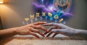 Aesthetic representation of birthday compatibility showing glowing zodiac signs and numerology symbols between two hands.