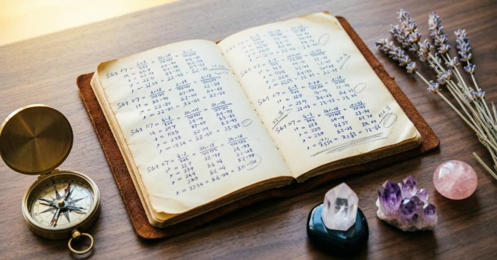 Life path number calculation in a vintage journal with crystals, representing numerology and birthday compatibility analysis.