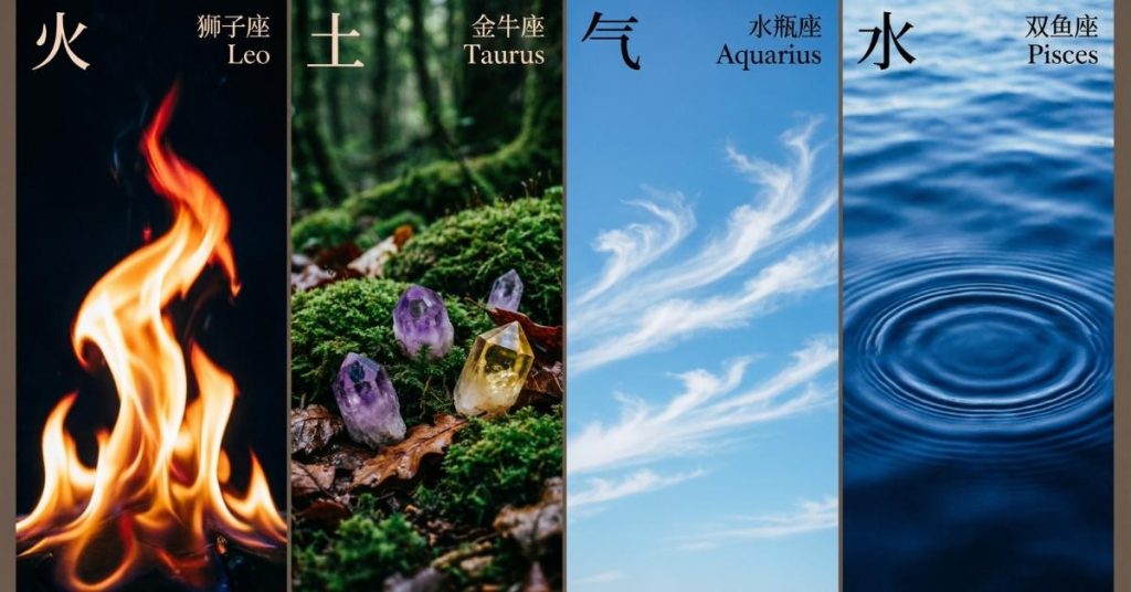 Four astrological elements Fire, Earth, Air, and Water displayed in a minimalist artistic layout for relationship compatibility