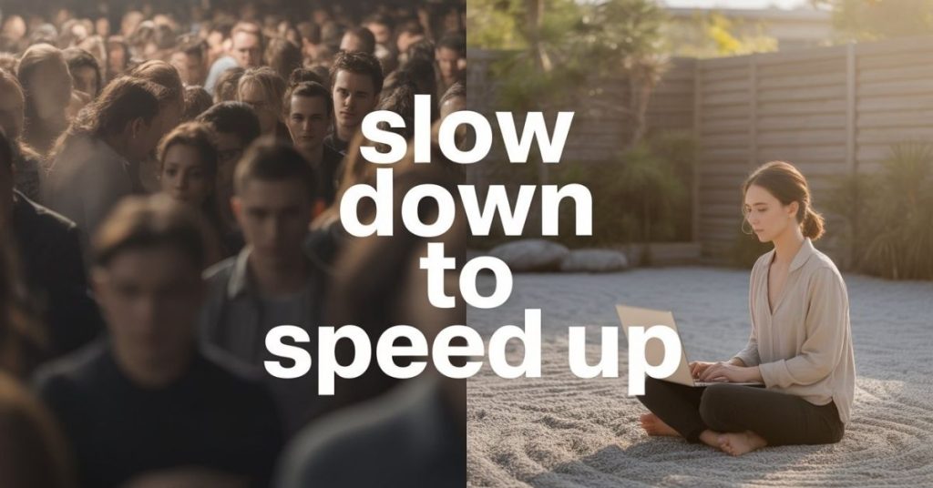 A calm person in a zen garden representing burnout prevention and focused work.