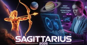 Sagittarius 2026 horoscope showing a glowing archer and futuristic deep learning interface.