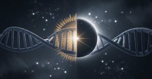 Glowing DNA double helix in deep space with solar eclipse symbols representing spiritual energy shifts and cosmic awakening.
