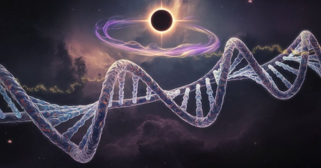 Iridescent DNA strand intertwined with golden solar flare energy and a total solar eclipse background for spiritual transformation.
