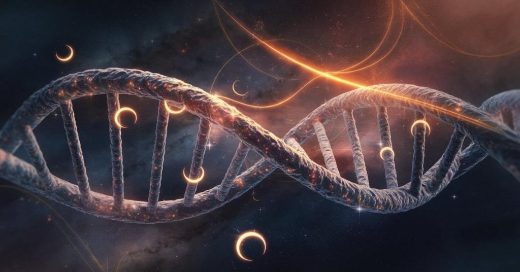 3D render of a DNA helix shadowed by a moon and sun representing the spiritual balance and new beginnings of a solar eclipse.