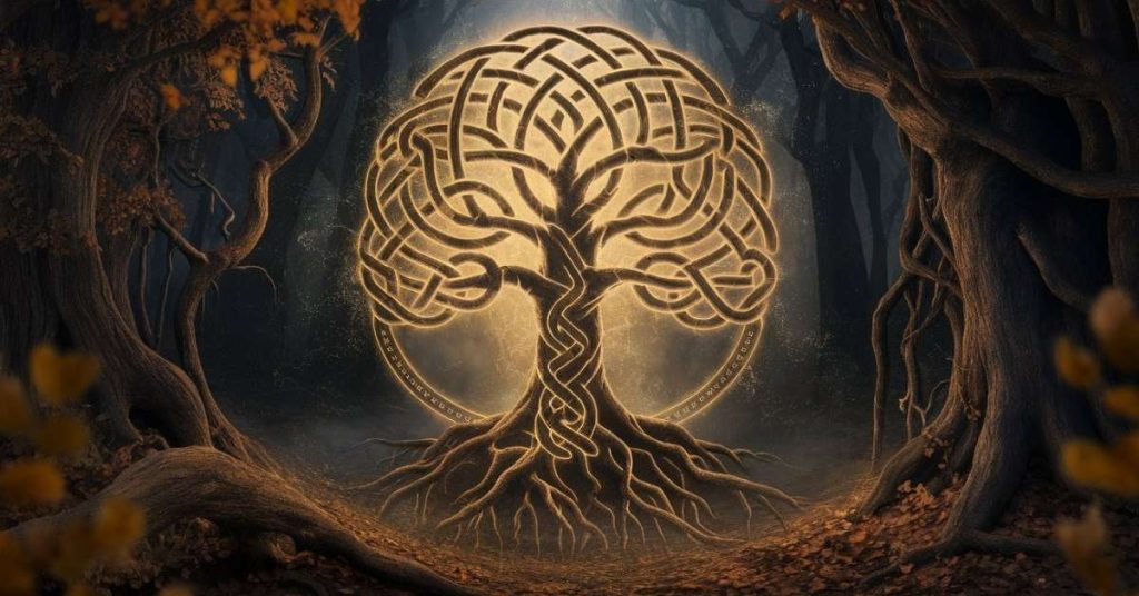 A glowing Celtic Tree of Life in a mystical forest with intricate knotwork and golden light.