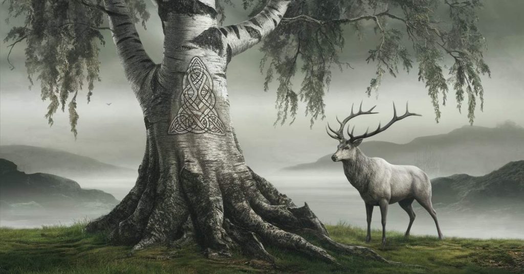 Sacred [Insert Tree Name] with Ogham symbols and a mystical [Insert Animal Name] in a misty Irish landscape.