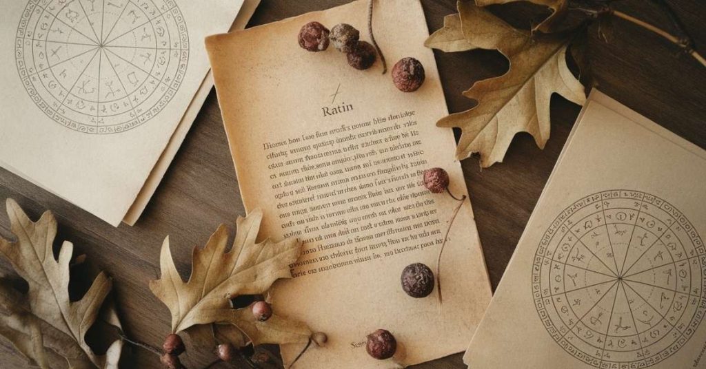 Ancient parchment paper with Celtic astrological charts, oak leaves, and dried berries on a wooden background.