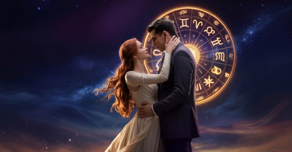 Romantic couple looking at each other under a glowing golden zodiac wheel in a starry night sky.