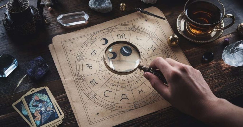 Close-up of a vintage astrology birth chart with a magnifying glass focusing on Venus and Moon symbols.