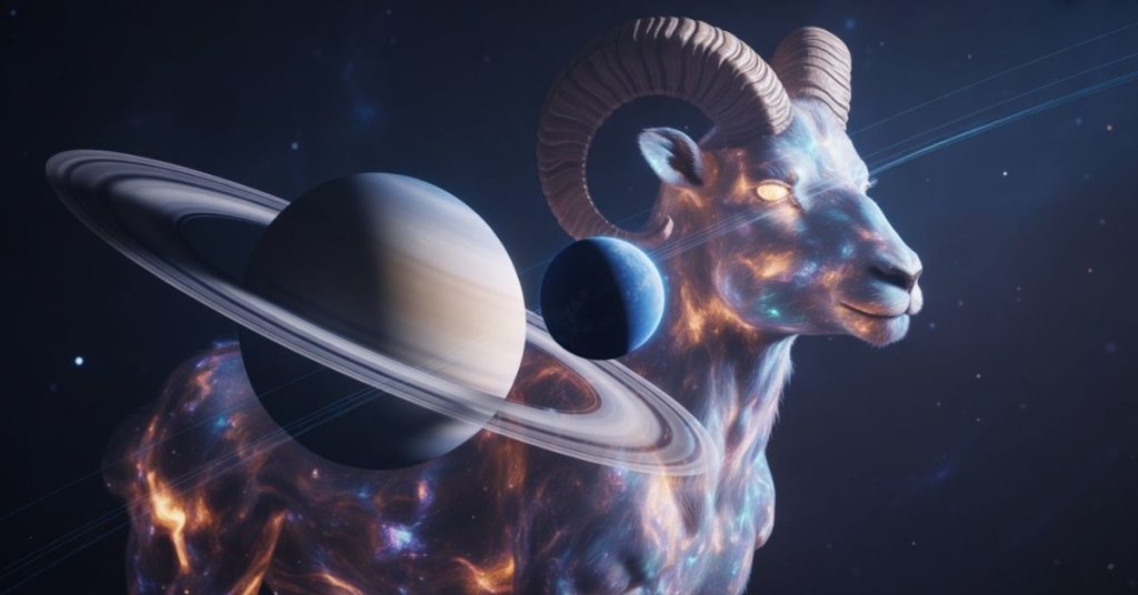 "Detailed 3D cosmic visualization of Saturn and Neptune aligning in Aries constellation for the March 2026 Astrology Forecast."