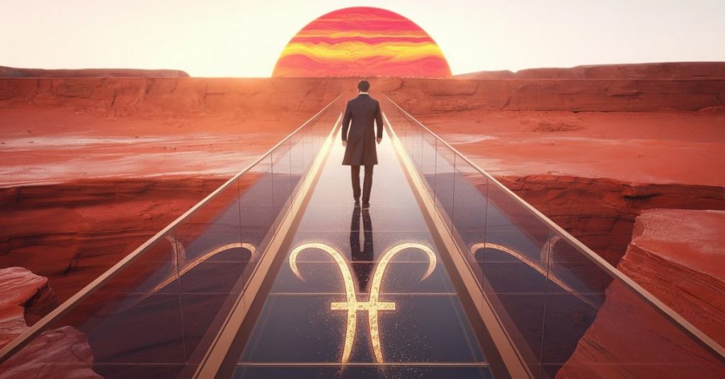 Person walking on glass bridge in Aries red desert for Sun-Chiron 2026 transition