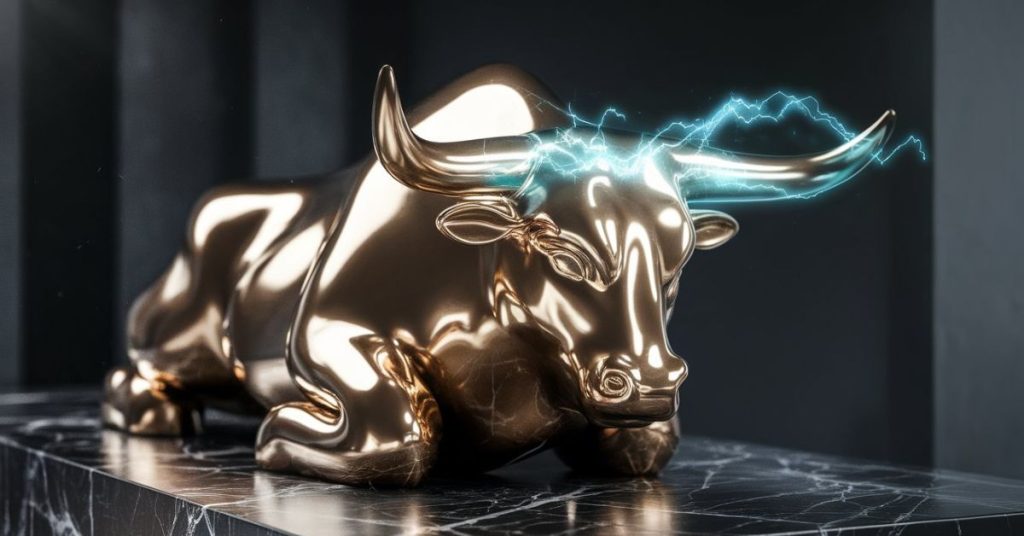 Futuristic golden skyscraper silhouette against a stormy sky representing stable chaos