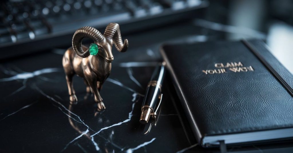 High-end office desk with Aries ram sculpture and North Node symbol representing wealth