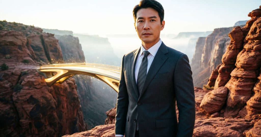 Professional pioneer figure walking toward a golden sunrise symbolising career destiny