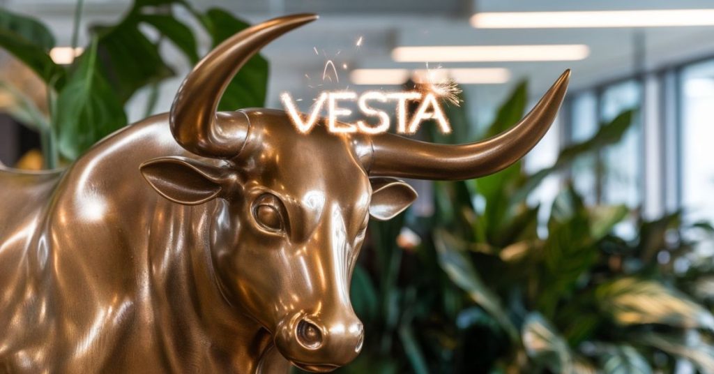 A glowing eternal flame inside a modern glass office representing Vesta's focus