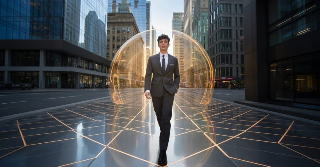 A stylish Gen Z creator standing in a digital portal showing their future successful self