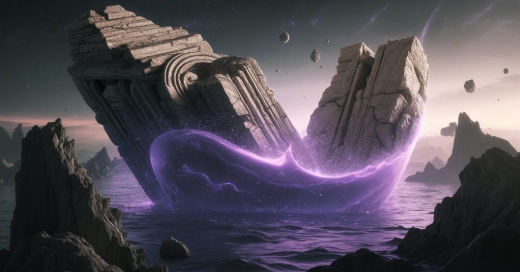 Surrealist allegory of Neptune's ocean being channeled by Saturn's stone structure.