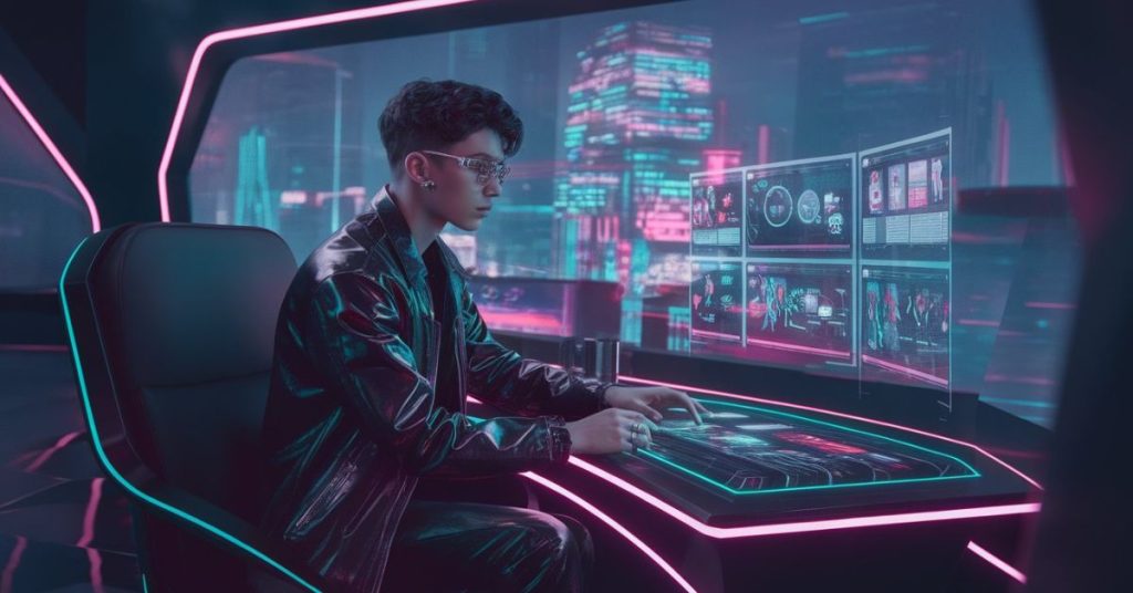 Gen Z professional using empathy-based AI and decentralized finance tools in a futuristic home office.