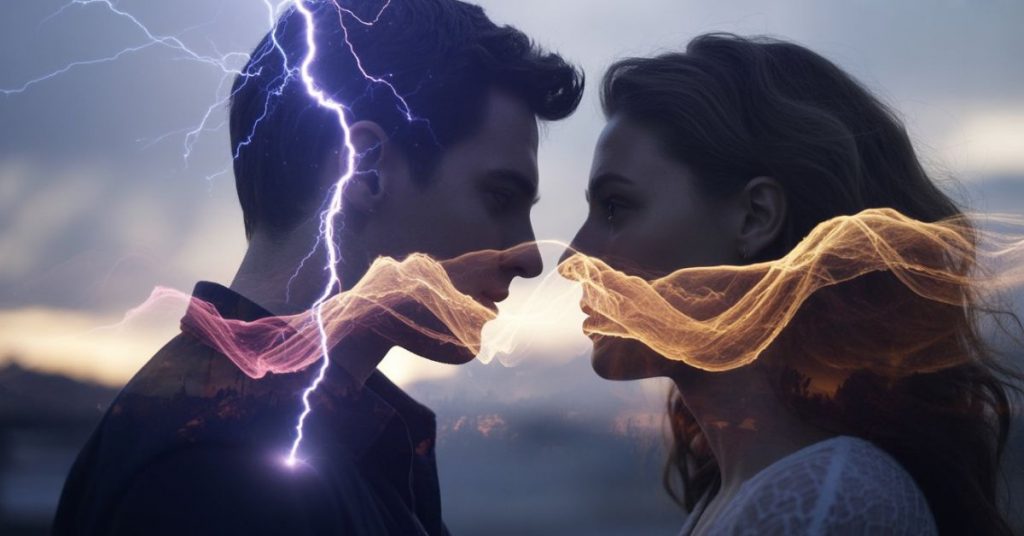 A cinematic double exposure photograph of a couple with intense romantic chemistry. Their forms contain a cosmic universe where glowing neon blue lightning (Uranus) intertwines with warm rose-gold light (Venus), symbolizing electric attraction
