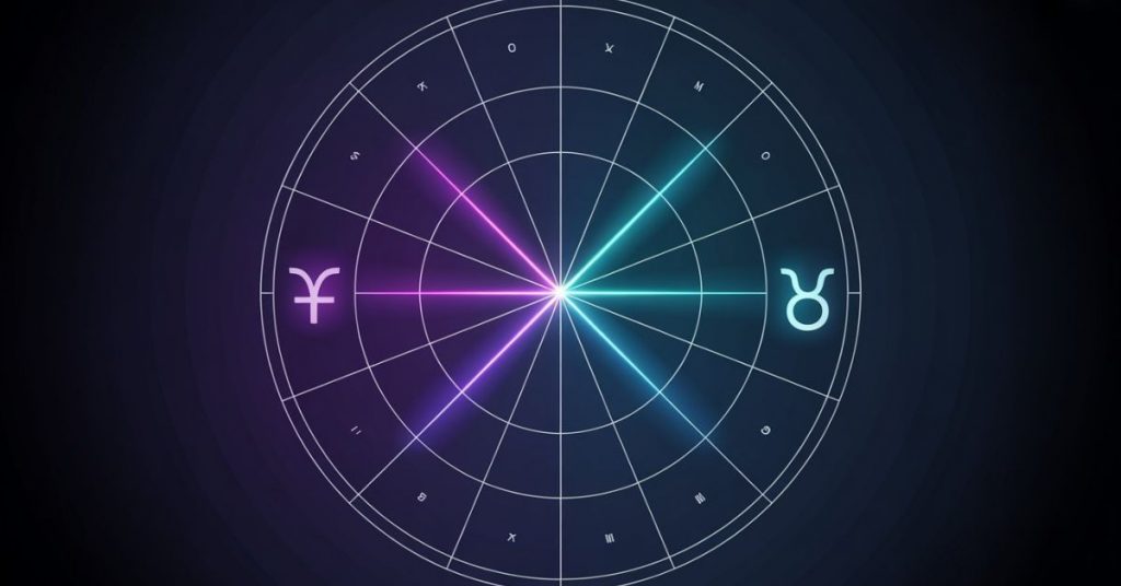 A clean, dark-mode astrological chart wheel diagram. It highlights the Venus Square Uranus aspect using a precise 90-degree intersection of glowing neon magenta (Venus) and neon cyan (Uranus) lines, showing geometric tension