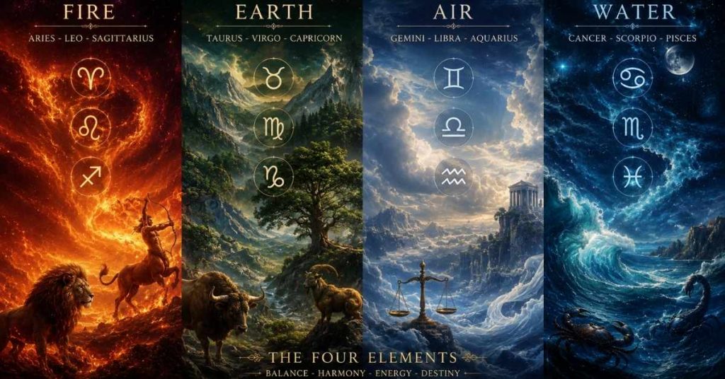 Four zodiac elements Fire Earth Air and Water