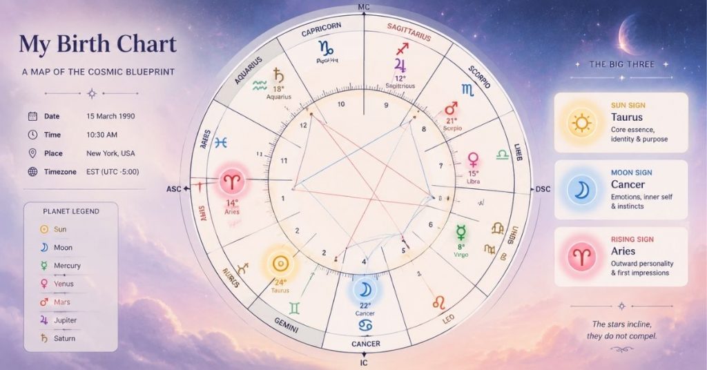 Personal birth chart diagram showing sun, moon, rising signs, planets, and 12 astrology houses.