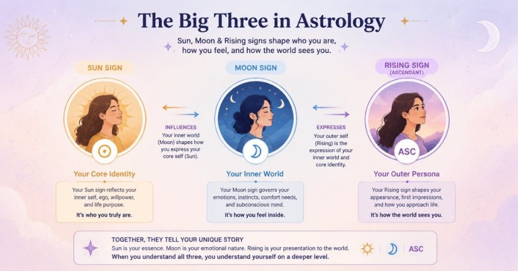 Big Three astrology signs: Sun, Moon, and Rising explained with icons and descriptions