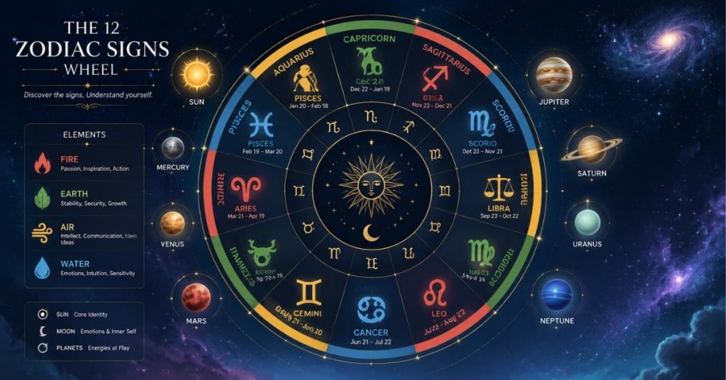 12 zodiac signs astrology wheel showing elements and symbols for each sign.