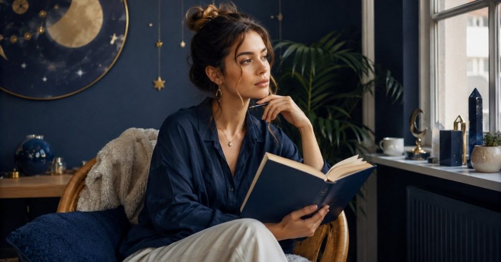 Thoughtful Venus in Aquarius woman reading near a window in a celestial-inspired room