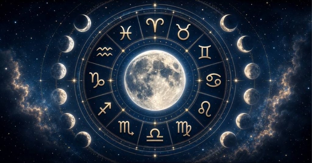 12 Moon signs in astrology with zodiac symbols and lunar meanings