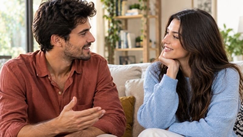 Aries and Libra partners having a thoughtful conversation at home