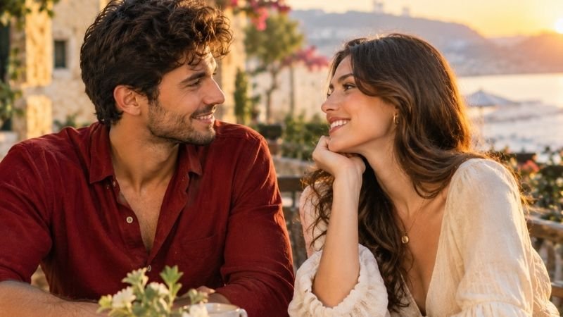 Aries and Libra couple enjoying a romantic outdoor cafe date