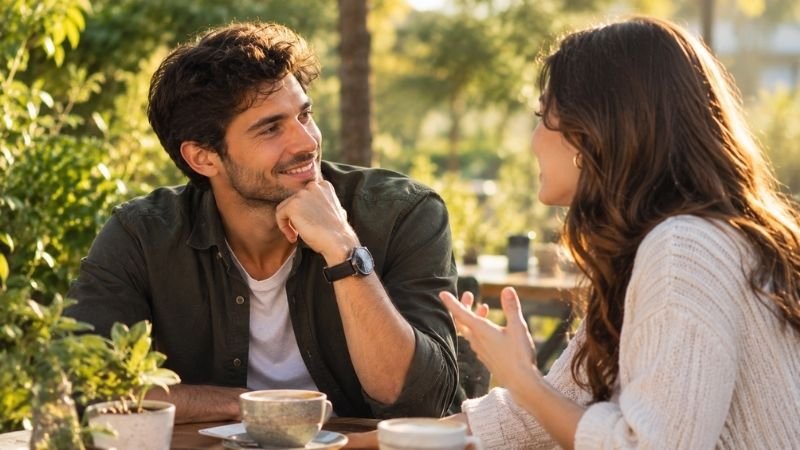 Young couple enjoying a warm conversation at an outdoor café, illustrating Gemini love and compatibility.