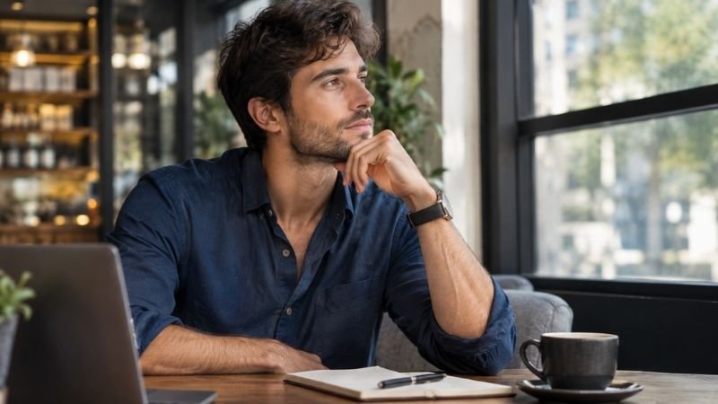 A thoughtful young man sitting beside a café window, representing Gemini personality traits.